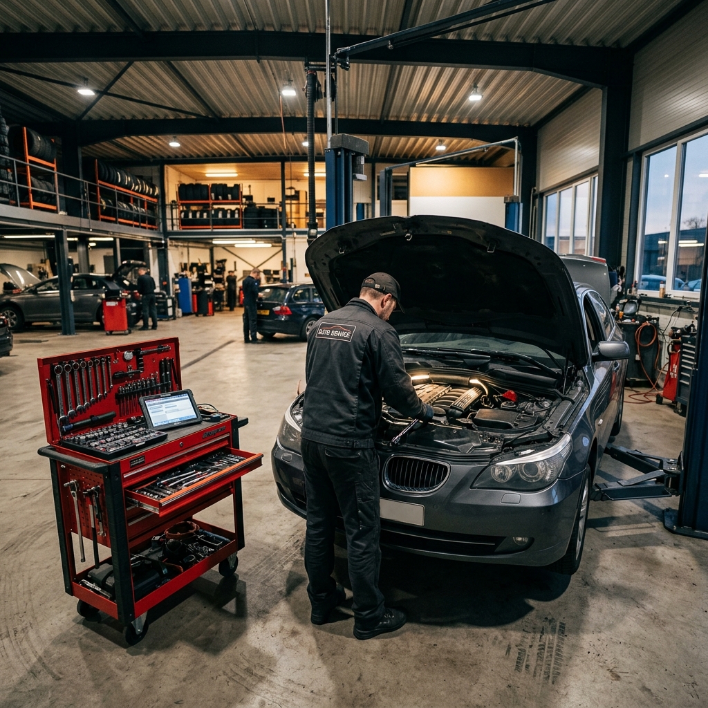 Mechanic working in garage seen from behind